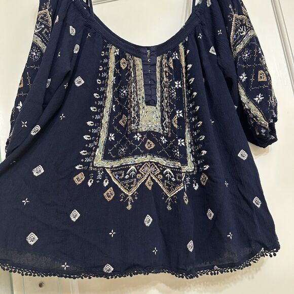 Ecote Blouse, Bohemian, Navy Blue, Off the Shoulder, Flowy, Medium - Picture 2 of 11